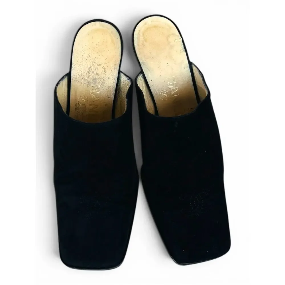 Chanel Vintage CC Logo Black Suede Block Heel Mules 35.5 Square Toe Slides Italy